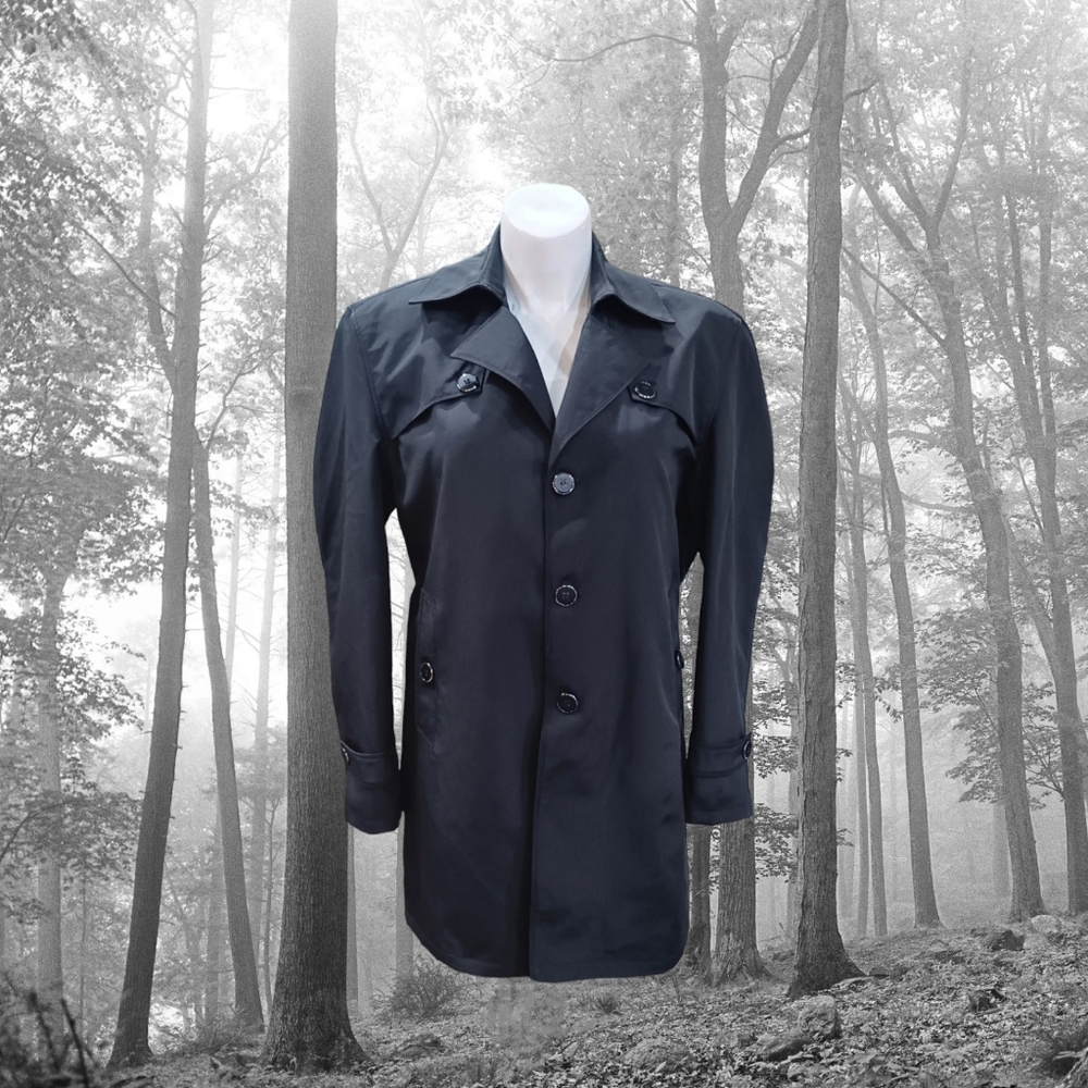 Black Windbreaker Trench Jacket Classic Raincoat Traditional Dress Sport Coat - Picture 6 of 9